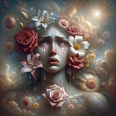 The primary subject of the image is a woman with a tearful expression, surrounded by flowers. She is wearing a crown of flowers and has a pink rose in her hair. The setting is a beautiful, colorful, and artistic environment, likely a painting or digital artwork. The visual style is a combination of realistic and artistic elements, creating a captivating and emotional scene. The colors and mood of the image are predominantly pink and tearful, reflecting the woman's sadness and the beauty of the flowers.